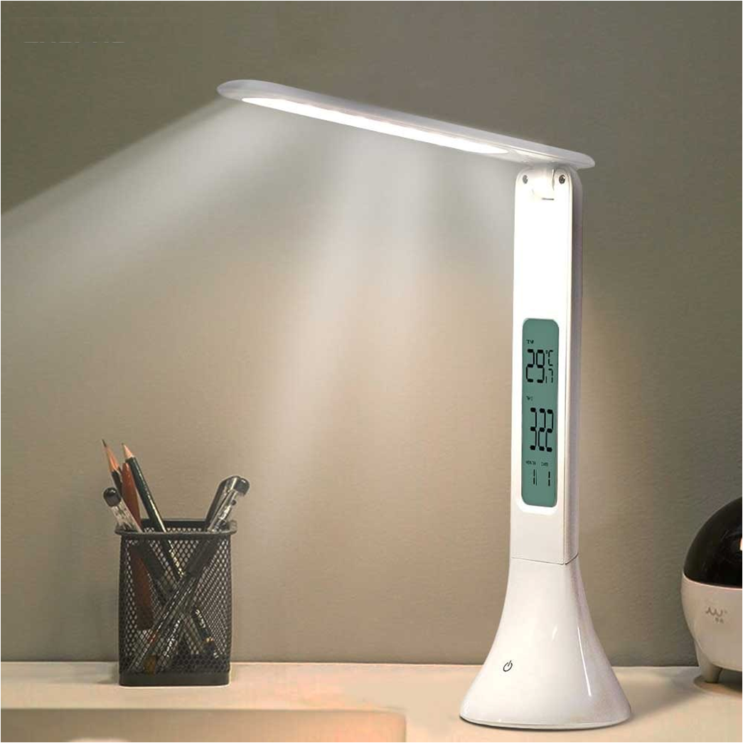 LED Desk Lamp Foldable Dimmable Touch Rechargeable Table Lamp with Calendar Temperature Alarm