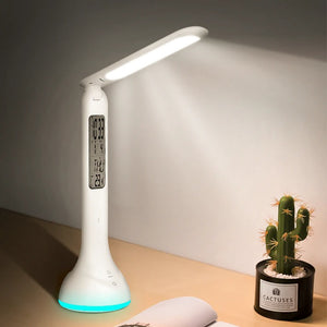 LED Desk Lamp Foldable Dimmable Touch Rechargeable Table Lamp with Calendar Temperature Alarm