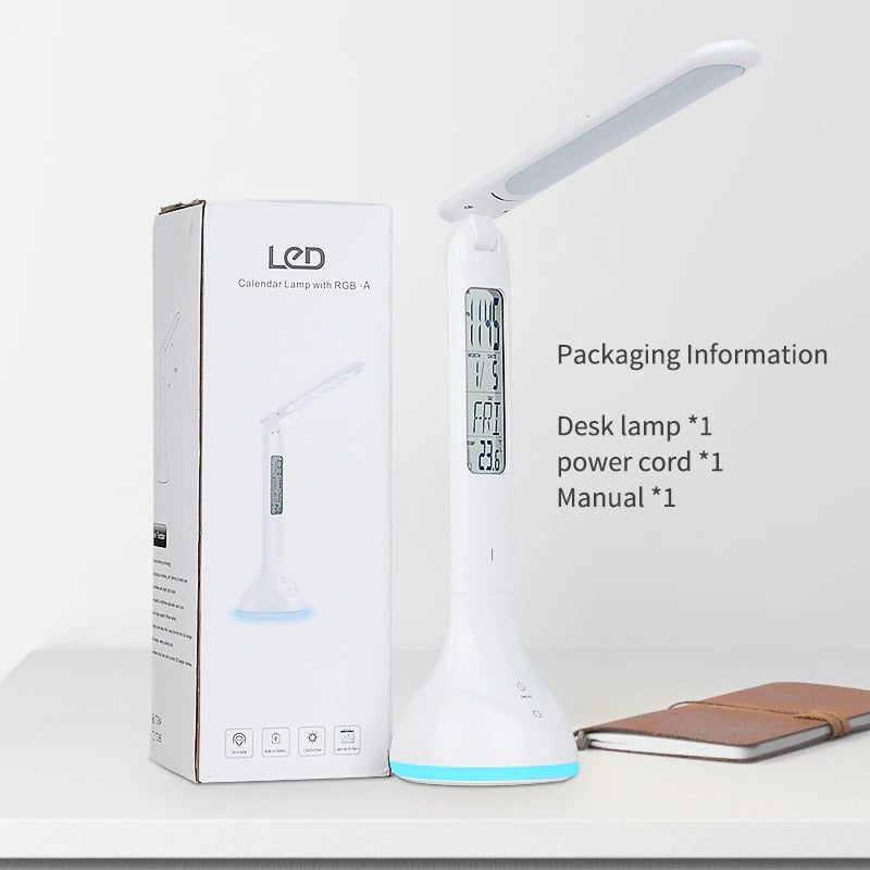 LED Desk Lamp Foldable Dimmable Touch Rechargeable Table Lamp with Calendar Temperature Alarm