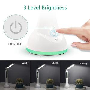 LED Desk Lamp Foldable Dimmable Touch Rechargeable Table Lamp with Calendar Temperature Alarm