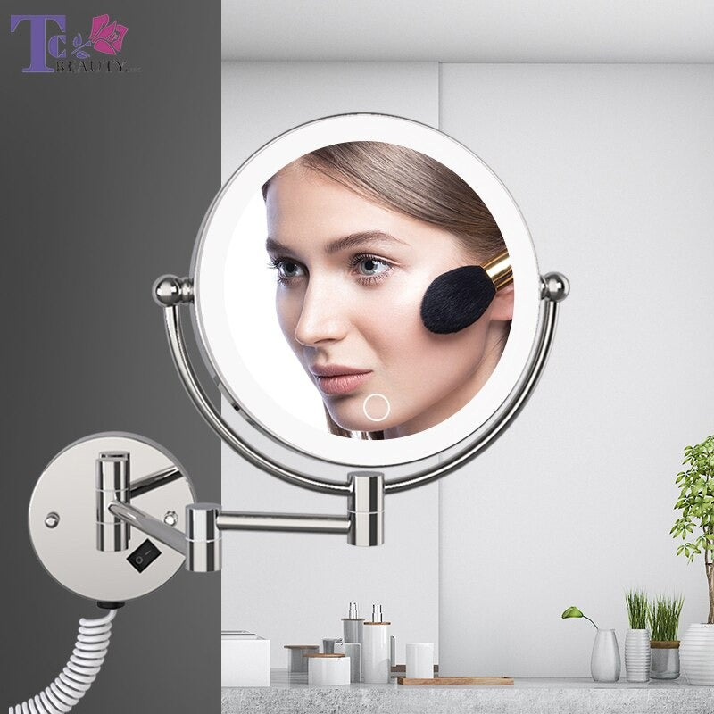 LED Makeup Mirror With Plug 5X Magnifying Cosmetic Mirror Double Sided Wall Mirrors Touch Dimming Bathroom Mirrors