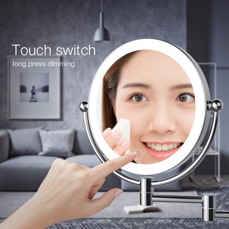 LED Makeup Mirror With Plug 5X Magnifying Cosmetic Mirror Double Sided Wall Mirrors Touch Dimming Bathroom Mirrors